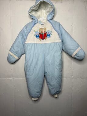 Vintage Baby Snowsuit 24 Months Blue Embroidered Hooded One Piece Booties